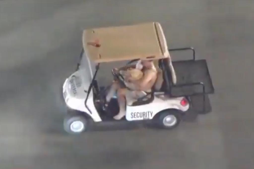 Suspect seen fleeing from police in a golf cart with a dog in his lap in LA Sunday 