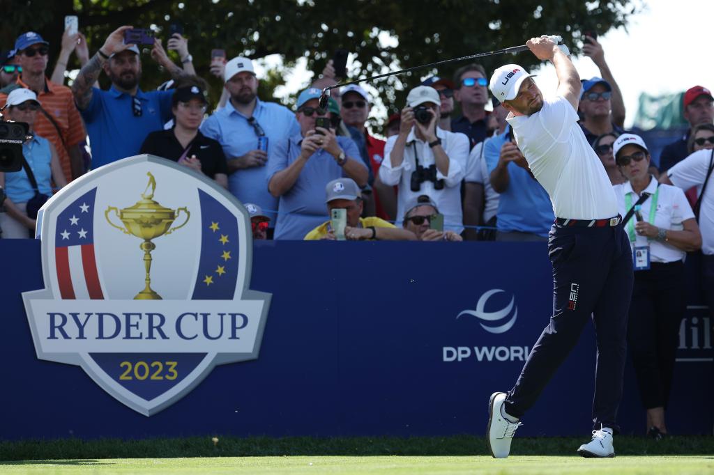 Wyndham Clark of Team United States tees off on the 12th hole during a practice round prior to the 2023 Ryder Cup at Marco Simone Golf Club on September 28, 2023 in Rome, Italy. (Photo by Patrick Smith/Getty Images)