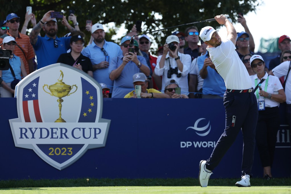 Wyndham Clark of Team United States tees off on the 12th hole during a practice round prior to the 2023 Ryder Cup at Marco Simone Golf Club on September 28, 2023 in Rome, Italy. (Photo by Patrick Smith/Getty Images)
