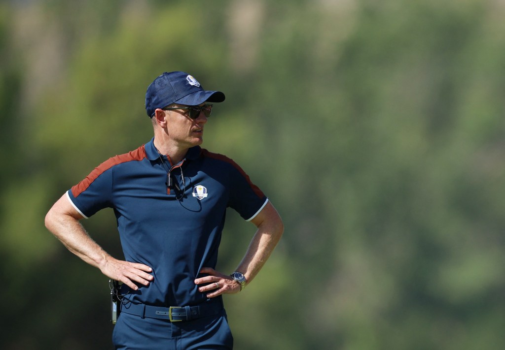 Team Europe captain Luke Donald looks on during a practice round REUTERS/Phil Noble
