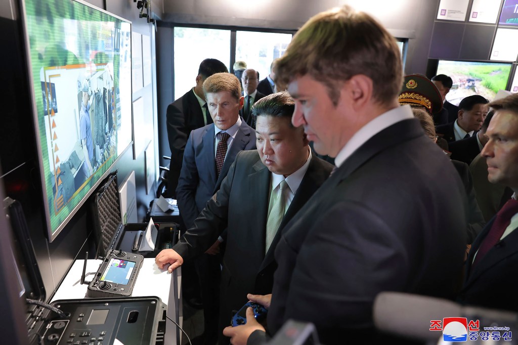 Kim Jong Un, center, visits the Far Eastern Federal University in Russky Island, Vladivostok, Russian Far East Sunday, Sept. 17, 2023. 