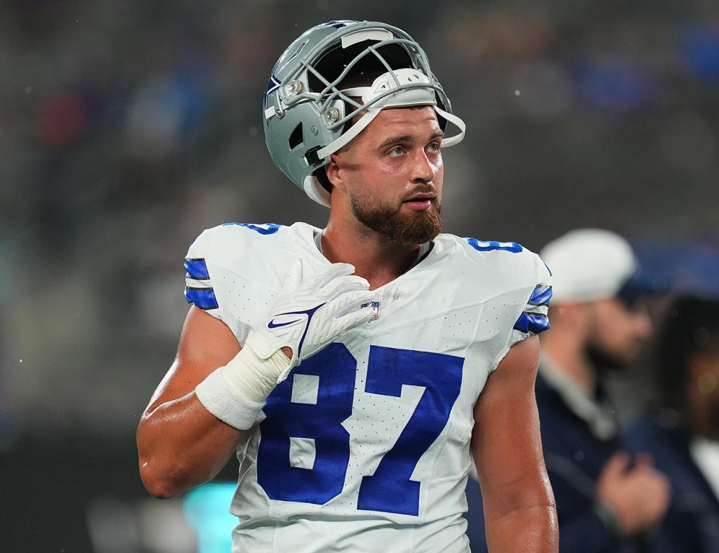 Jake Ferguson #87 of the Dallas Cowboys looks on against the New York Giants at MetLife Stadium on September 10, 2023 in East Rutherford, New Jersey.  