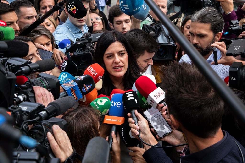 Carla Vall, Jenni Hermoso's lawyer, addresses reporters outside of a Spanish court Friday.
