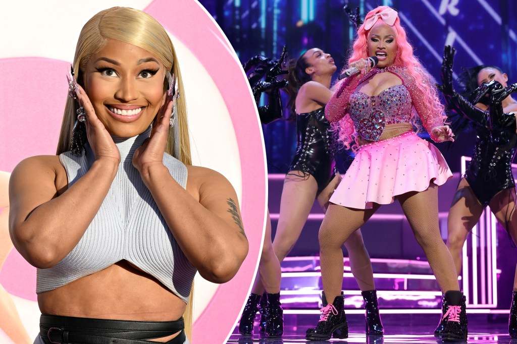 (Left) Nicki Minaj, 40, smiling. (Right) Minaj performing at the 2022 VMAs.