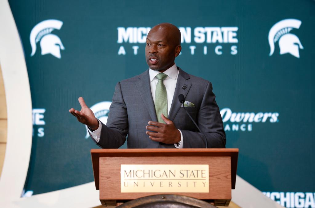 Michigan State Athletic Director Alan Haller speaks during an introductory news conference, Tuesday, Sept. 7, 2021, in East Lansing, Mich. Haller was appointed as vice president and director of intercollegiate athletics on Sept. 1, 2021. 