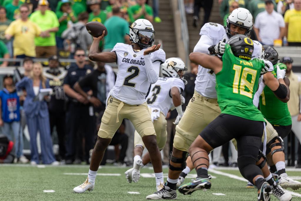 Quarterback Shedeur Sanders #2 of the Colorado Buffaloes  passes the ball against the Oregon Ducks at Autzen Stadium on September 23, 2023 in Eugene, Oregon. 