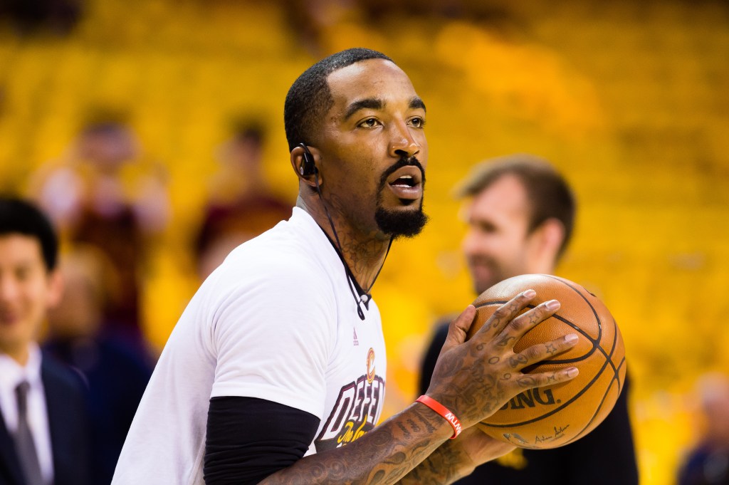 JR Smith #5 of the Cleveland Cavaliers warms put prior to the start of Game One of the NBA Eastern Conference semifinals against the Toronto Raptors at Quicken Loans Arena on May 1, 2017