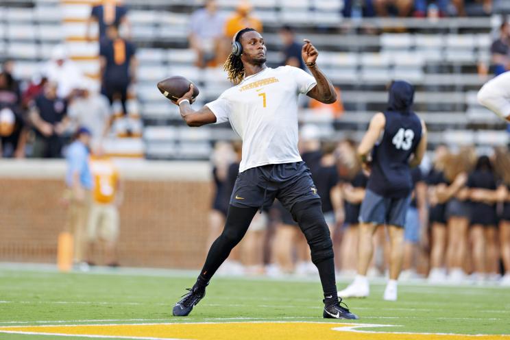 Joe Milton III #7 of the Tennessee Volunteers warm up before the game against the South Carolina Gamecocks.