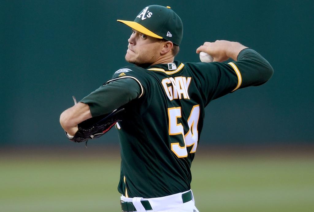 Sonny Gray pitches for the A's in 2017.