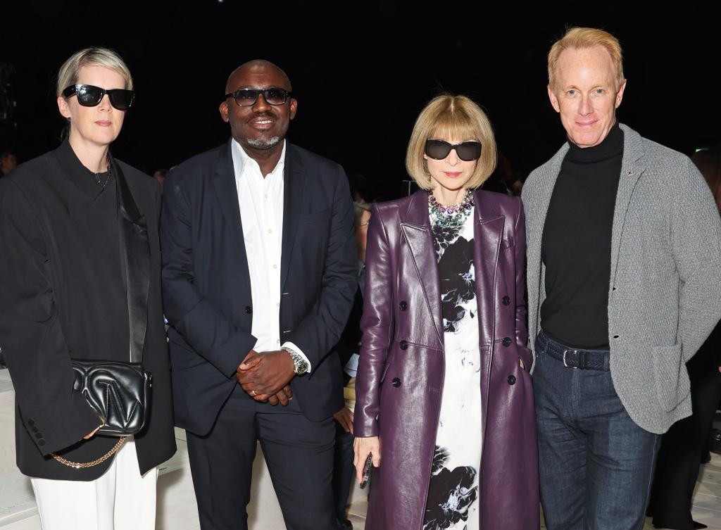 Laura Ingham, Editor-In-Chief of British Vogue ,Edward Enninful, Editor-In-Chief of American Vogue, Chief Content Officer of Conde Nast Anna Wintour, and Conde Nast CEO Roger Lynch attend the Alexander McQueen Spring/ Summer '24 show during Paris Fashion Week on Sept 30.