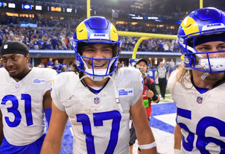  Puka Nacua #17 of the Los Angeles Rams celebrates a walk-off game-winning touchdown against the Indianapolis Colts 