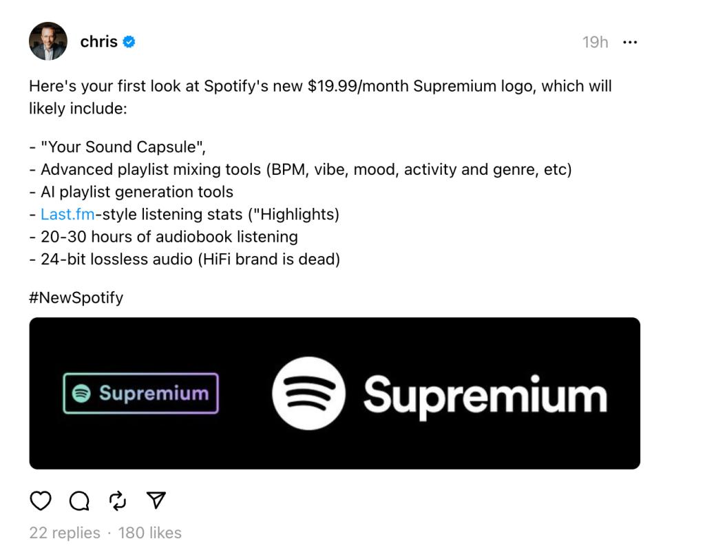 Chris Messina, the famous blogger who is credited with inventing the hashtag, authored a post on Threads that included what appeared to be the logo for Spotify's new service.