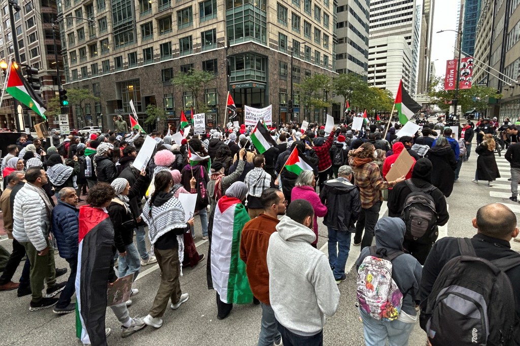 Pro-Palestinian rallies erupted across the US following a surprise attack on Israel by radical Islamist militants, seen here in downtown Chicago.