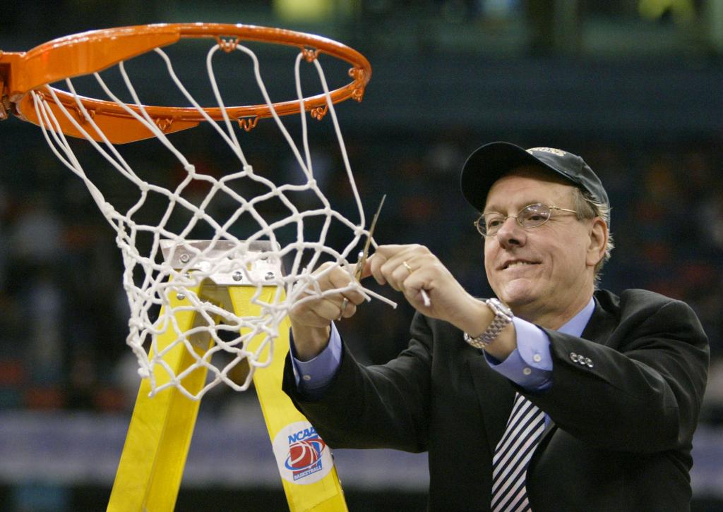 Jim Boeheim cutting down the net.