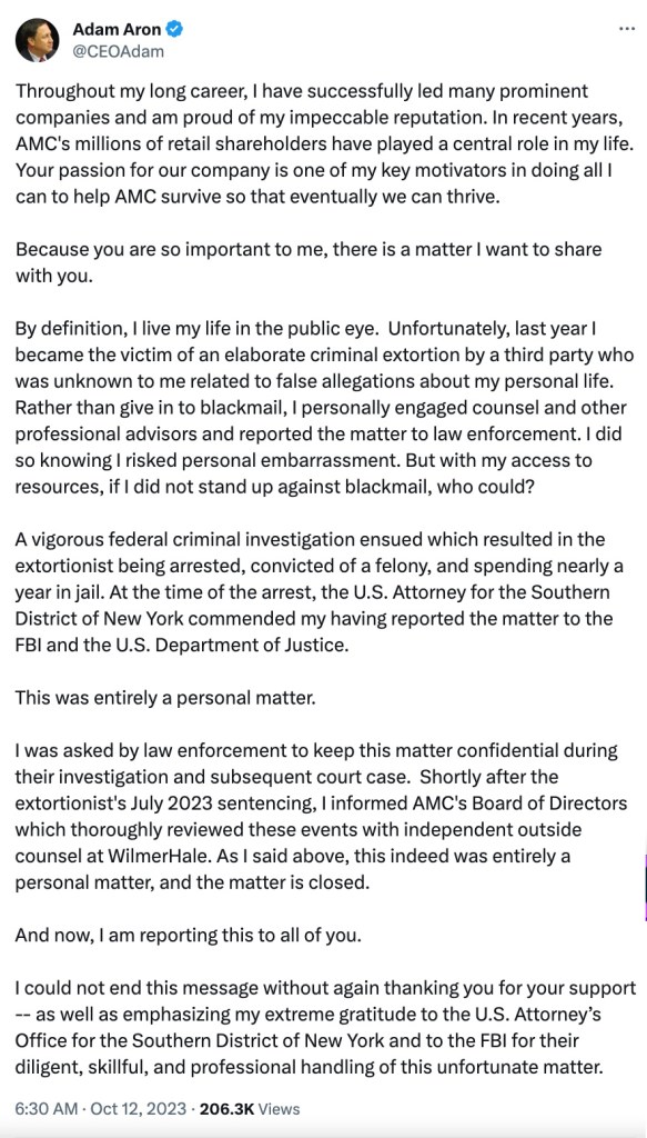 Aron was initially identified in court documents only as a "public-company CEO." He revealed his role in scheme in a tweet, where he also admitted that he had already told AMC's board of the incident.