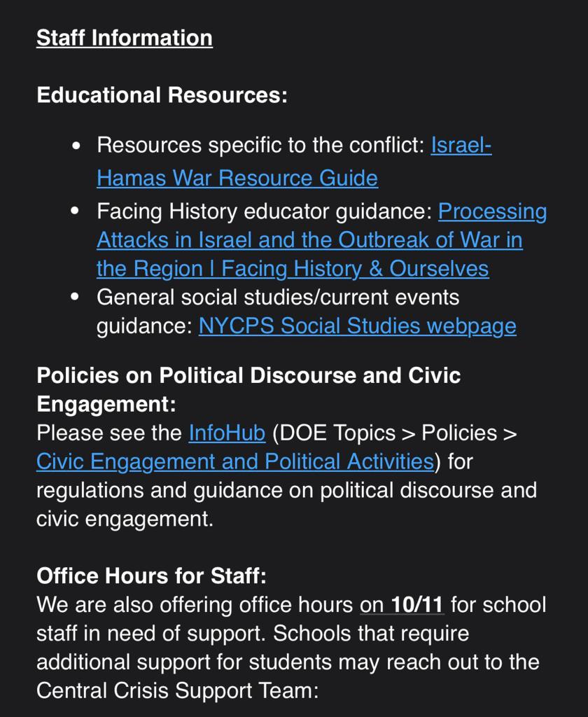 Message with resources for teachers regarding war in Israel.