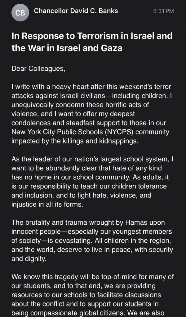 Schools chancellor David Banks social media post regarding the war in Israel.