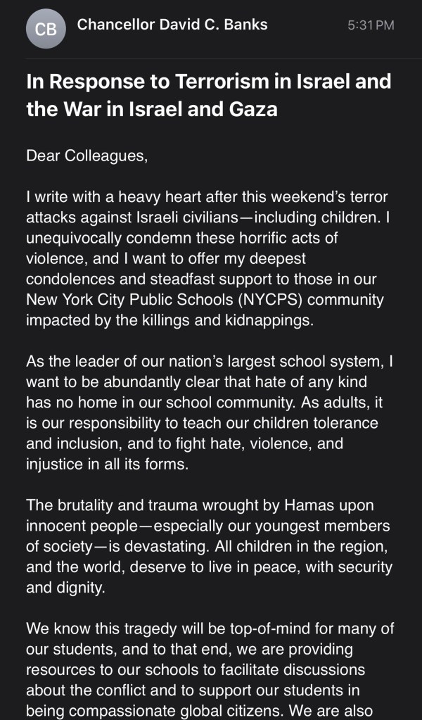 Schools chancellor David Banks social media post regarding the war in Israel.