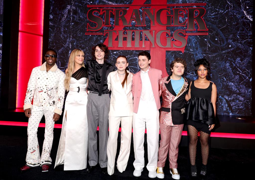 (L-R) David Harbour, Caleb Mclaughlin, Millie Bobby Brown, Finn Wolfhard, Sadie Sink, Noah Schnapp, Gaten Matarazzo, and Priah Ferguson attends Netflix's "Stranger Things" Season 4 New York Premiere at Netflix Brooklyn on May 14, 2022.