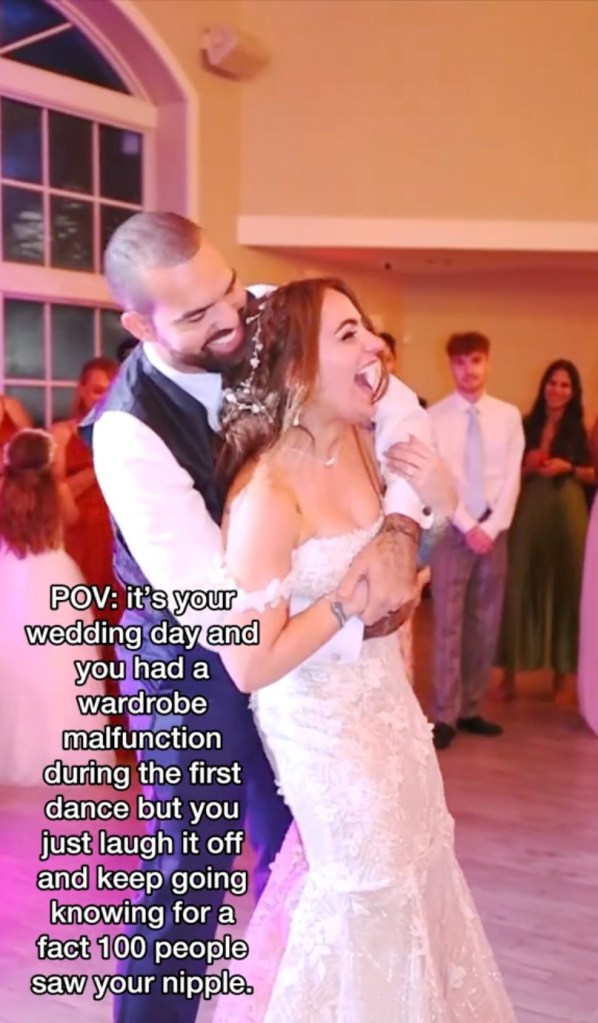 Florida bride Alyssa, 32, dancing after suffering a wardrobe malfunction. 