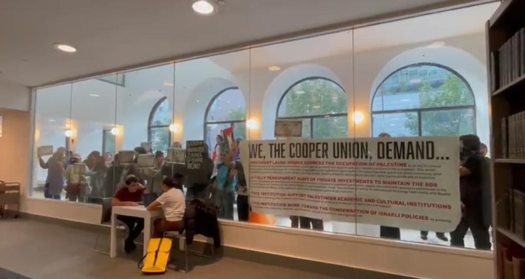 Pro-Palestine protesters rallied outside the Cooper Union library.