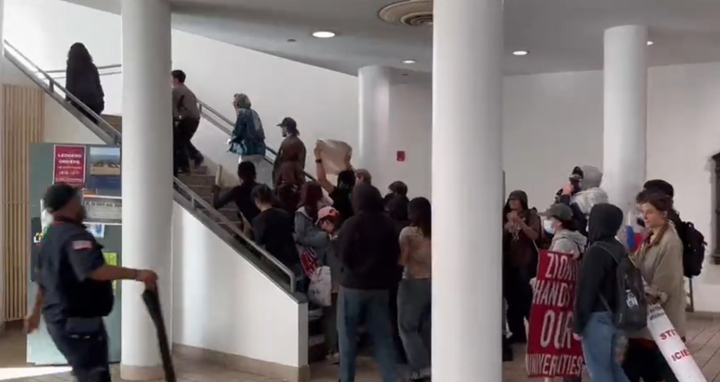 Protesters climb the stairs.