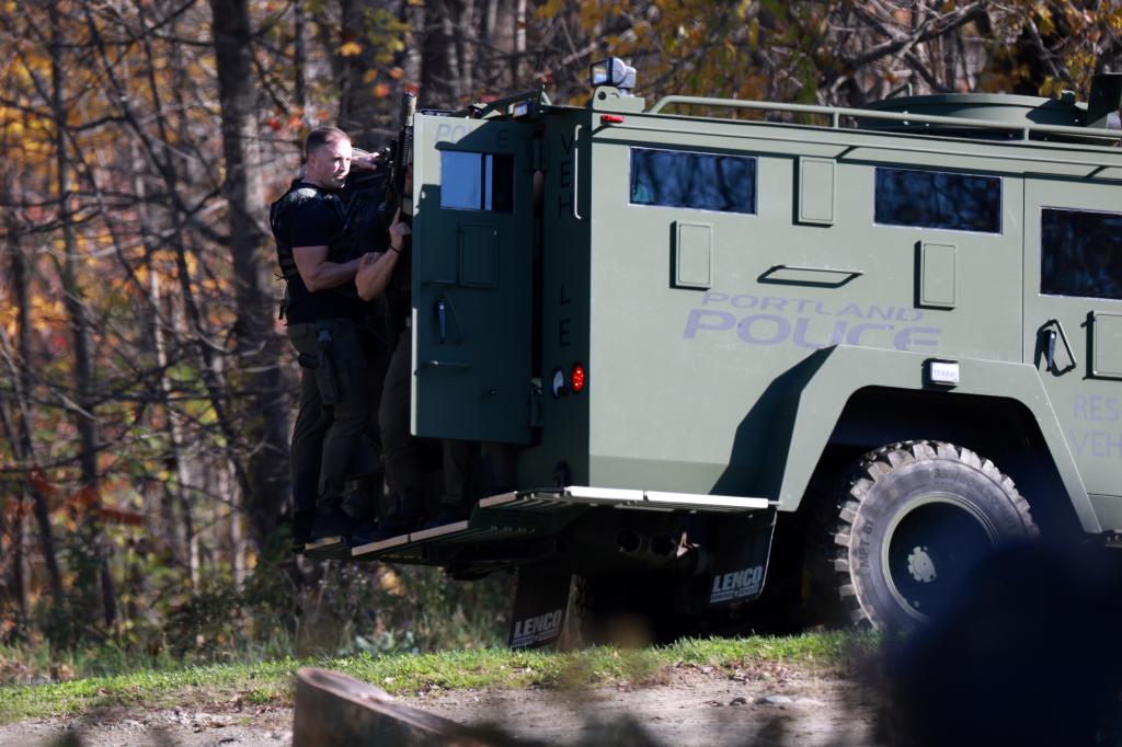 MONMOUTH, MAINE - OCTOBER 27: Law enforcement officials conduct a manhunt for suspect Robert Card following a mass shooting on October 27, 2023 in Monmouth, Maine. Police are actively searching for a suspect, Army reservist Robert Card, who allegedly killed 18 people in a mass shooting at a bowling alley and restaurant in Lewiston, Maine. (Photo by Joe Raedle/Getty Images)