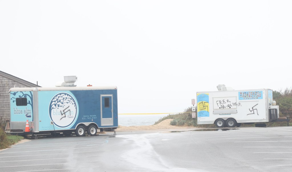 Two food trucks at Ditch Plains Beach were painted with swastikas and a phrase that appeared to read "Free Palestine"