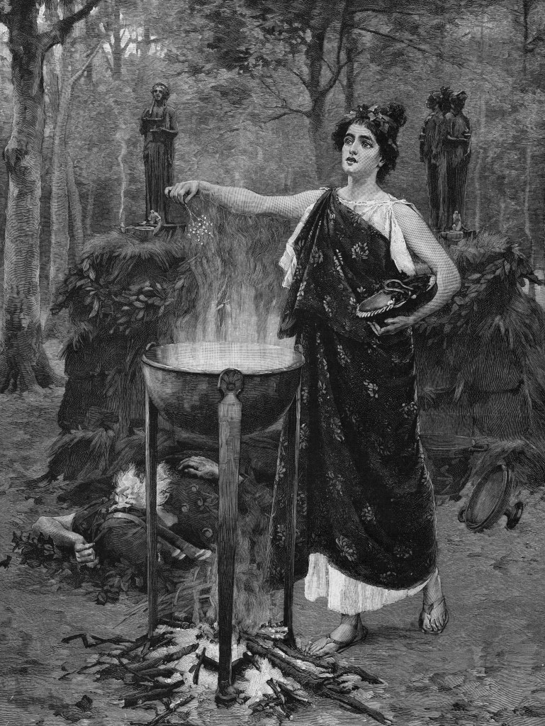 Medea, an enchantress from Greek mythology, casts one of her magic spells in the forest, circa 1200 BC. The corpse may be that of King Pelias, whose death she caused.