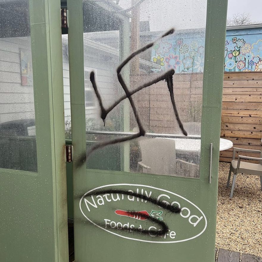 Naturally Good, in downtown Montauk, was defaced with a number of spray-painted swastikas