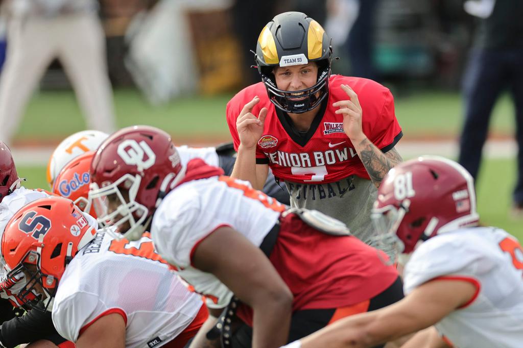 American quarterback Tyson Bagent of Shepherd (7) audibles at the line during Wednesdays Senior Bowl Practice session.