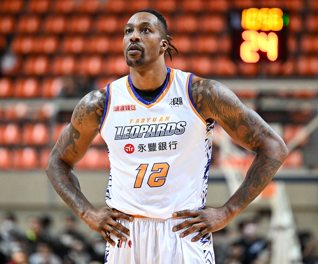 Center Dwight Howard #12 of the Taoyuan Leopards reacts at the court during the T1 League game between TaiwanBeer HeroBears and Taoyuan Leopards at University of Taipei Tianmu Gymnasium on February 19, 2023 in Taipei, Taiwan. 