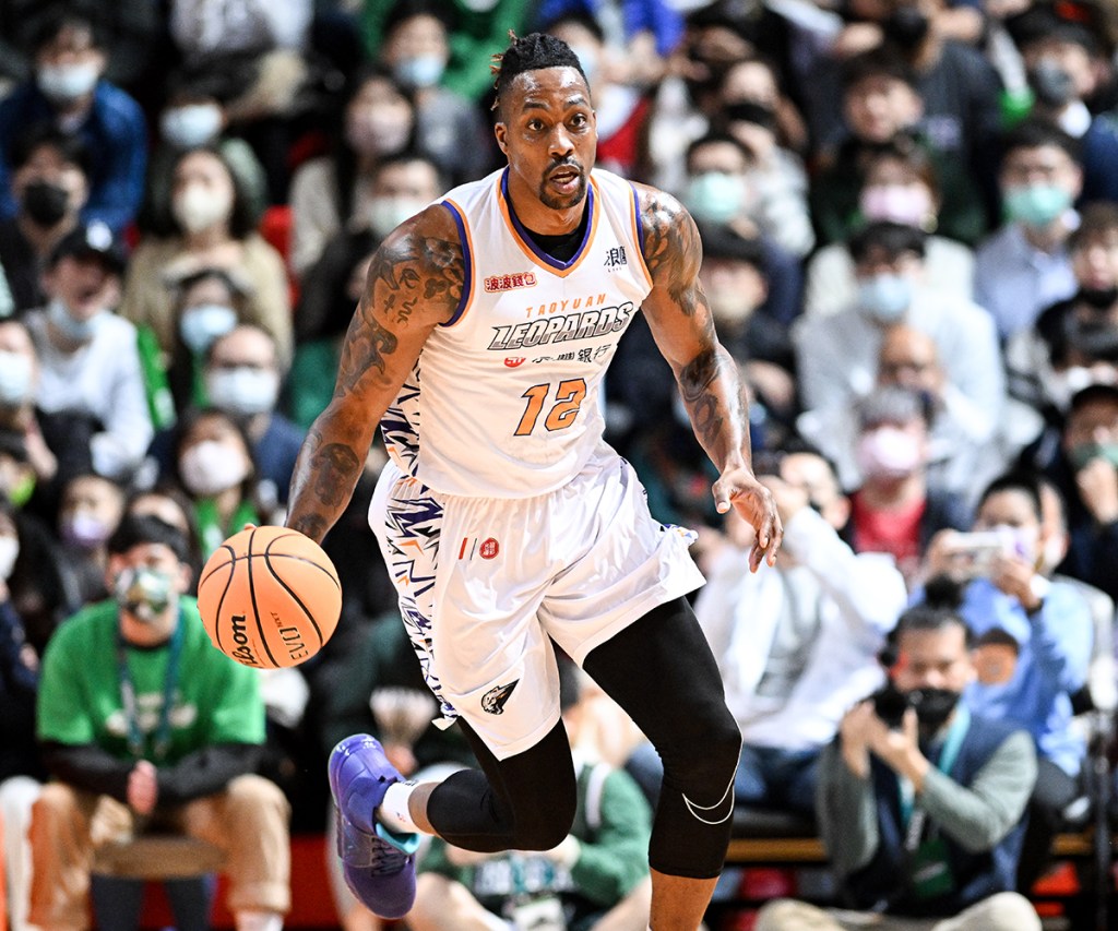 Dwight Howard #12 of the Taoyuan Leopard dribble during the T1 League game between TaiwanBeer HeroBears and Taoyuan Leopards at University of Taipei Tianmu Gymnasium on February 19, 2023 in Taipei, Taiwan. 