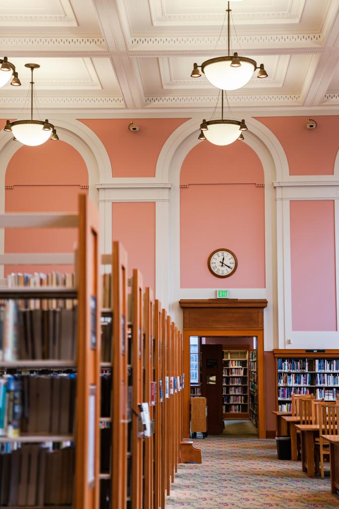 Inside of a library with bookshelves