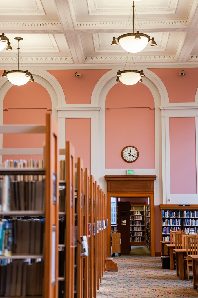 Inside of a library with bookshelves