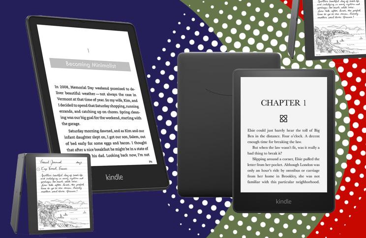 Sale Kindles on a blue, green, and red background.