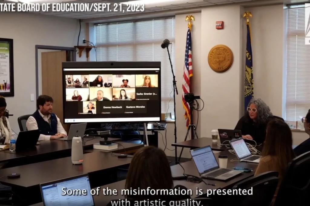 Oregon State Board meeting, people seated around a table with laptops and a big screen with Zoom participants in the corner