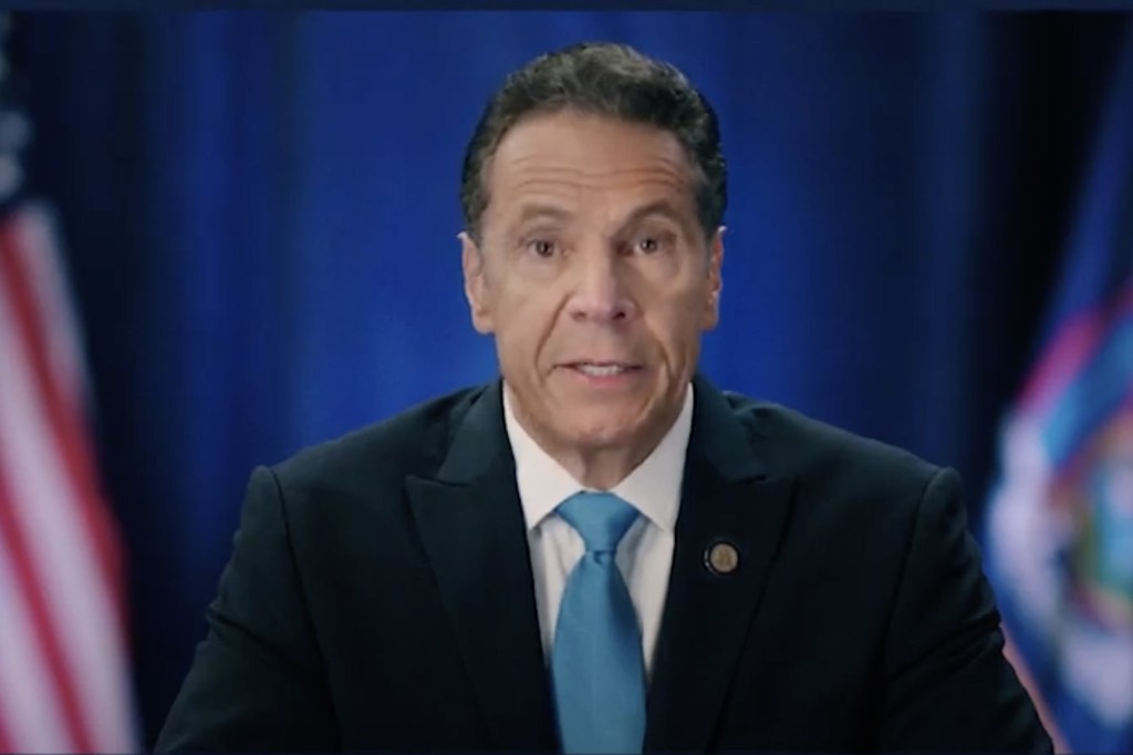 New York State Governor Andrew Cuomo speaks in a frame grab from a video feed of the 2020 Democratic National Convention,