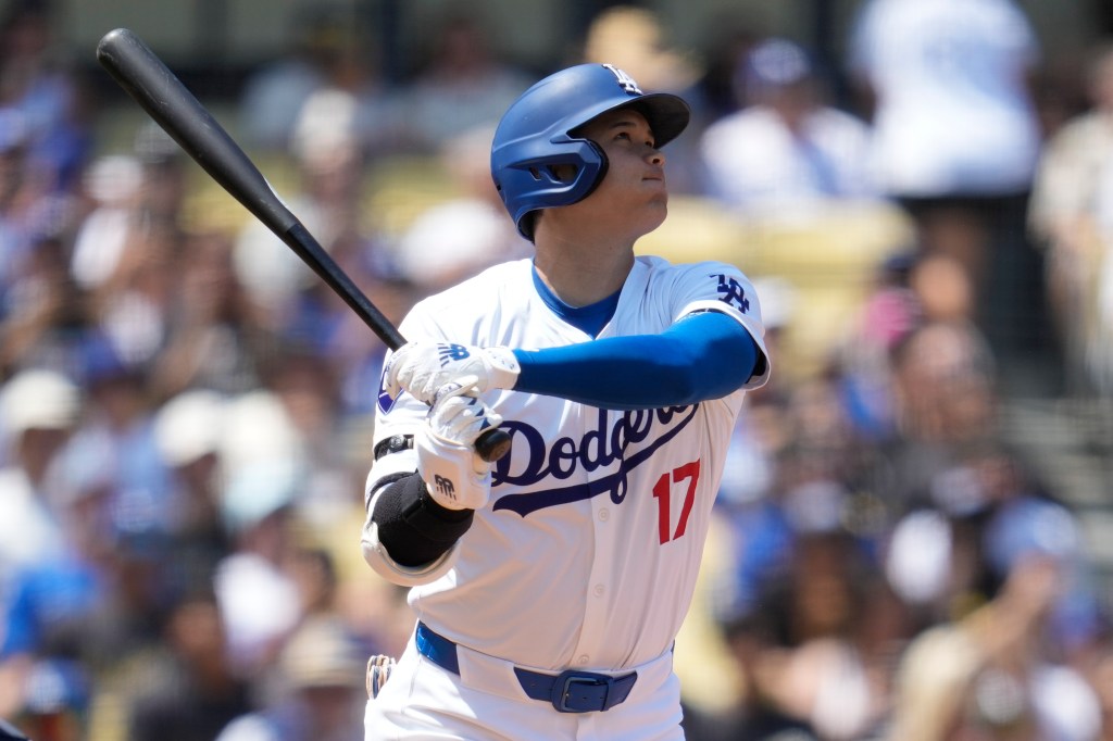 Dodgers star Shohei Ohtani swings during an Aug. 25, 2024 game.