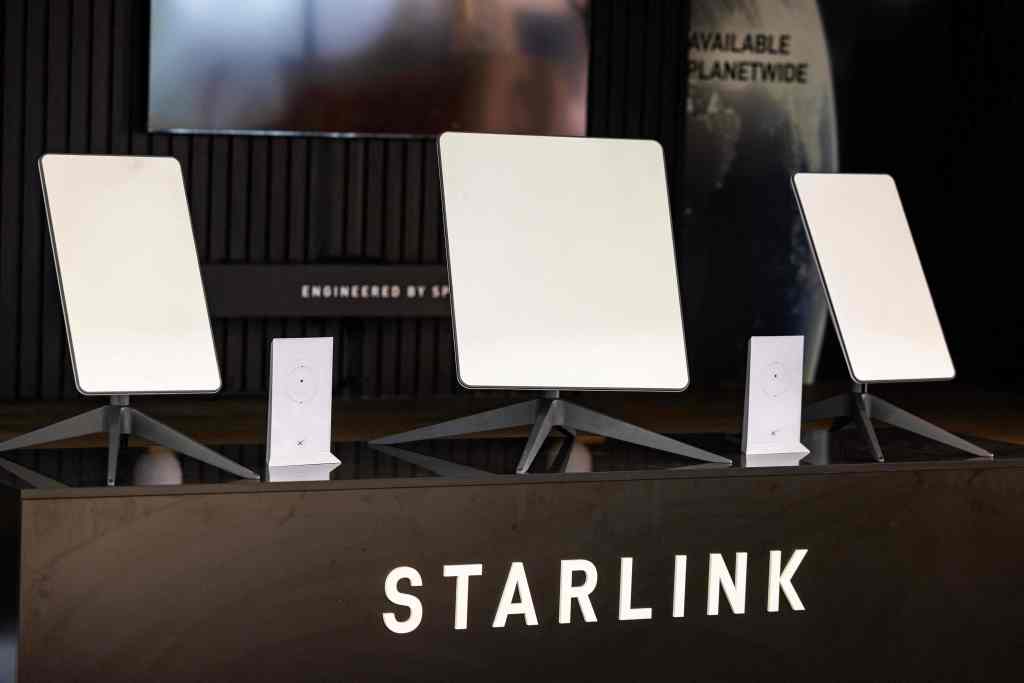 Starlink antennas on a stage.