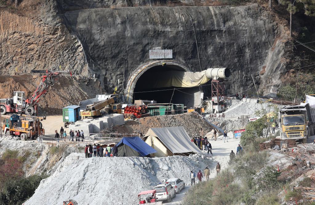 A general view of personnel and equipment gathered outside the mouth of a tunnel that collapsed in Uttarkashi, India