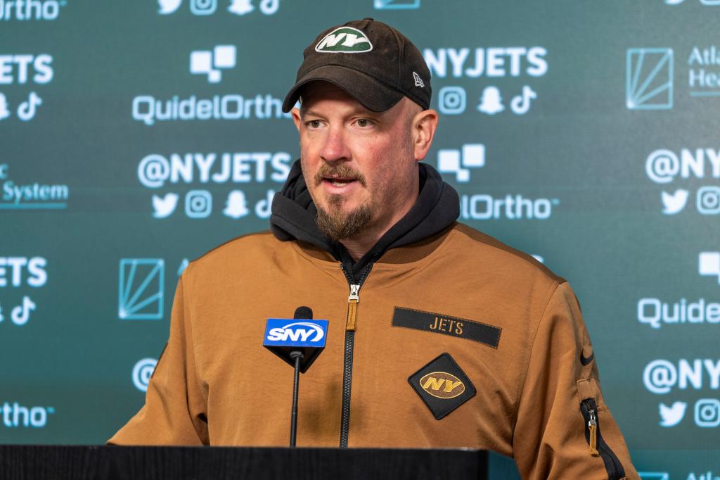 New York Jets offensive coordinator Nathaniel Hackett speaks to the media before practice at the Atlantic Health Jets Training Center, Thursday, November 9, 2023,