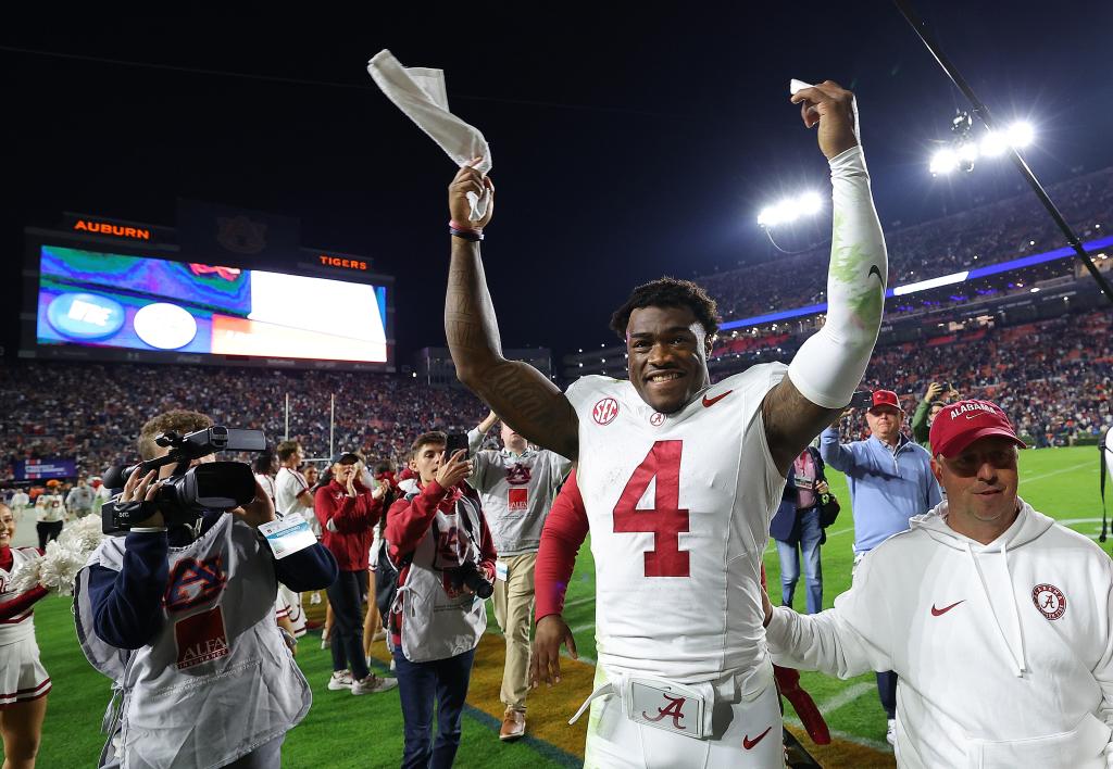 Jalen Milroe celebrates their 27-24 win over the Auburn Tigers at Jordan-Hare Stadium.