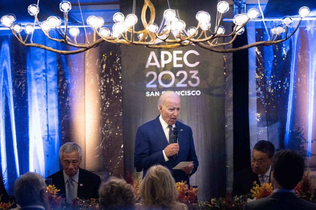 President Joe Biden makes a toast during the leaders and spouses dinner during the Asia-Pacific Economic Cooperation (APEC) Leaders' Week at the Legion of Honor in San Francisco, California, on November 16, 2023.