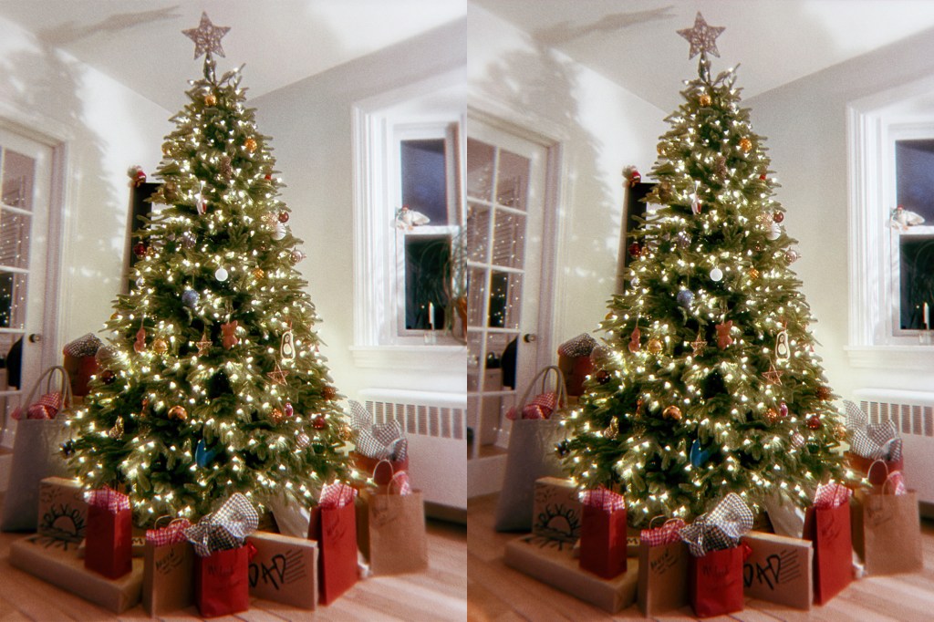 Picture of the Balsam Hill Flip Christmas Tree dressed up in the living room