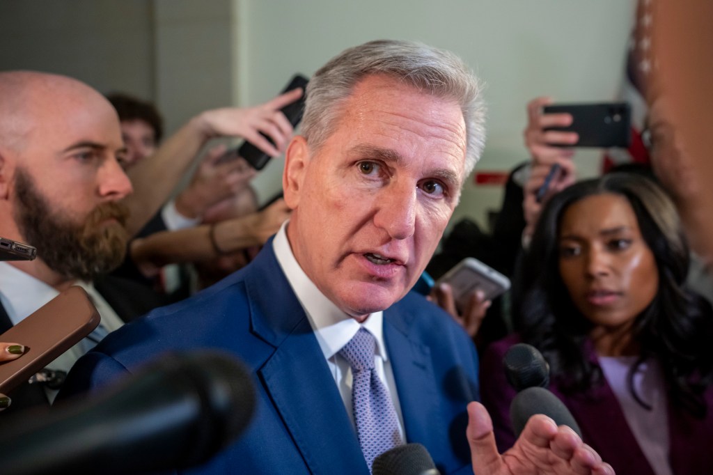 Former House Speaker Kevin McCarthy of Calif., speaks with reporters.