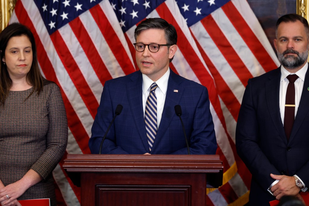 Speaker of the House Mike Johnson (R-LA) is joined by Rep. Elise Stefanik (R-NY) and Rep. Cory Mills (R-FL) for a news conference with family members of people kidnapped by Hamas in the Rayburn Room at the U.S. Capitol on November 07, 2023 in Washington, DC.