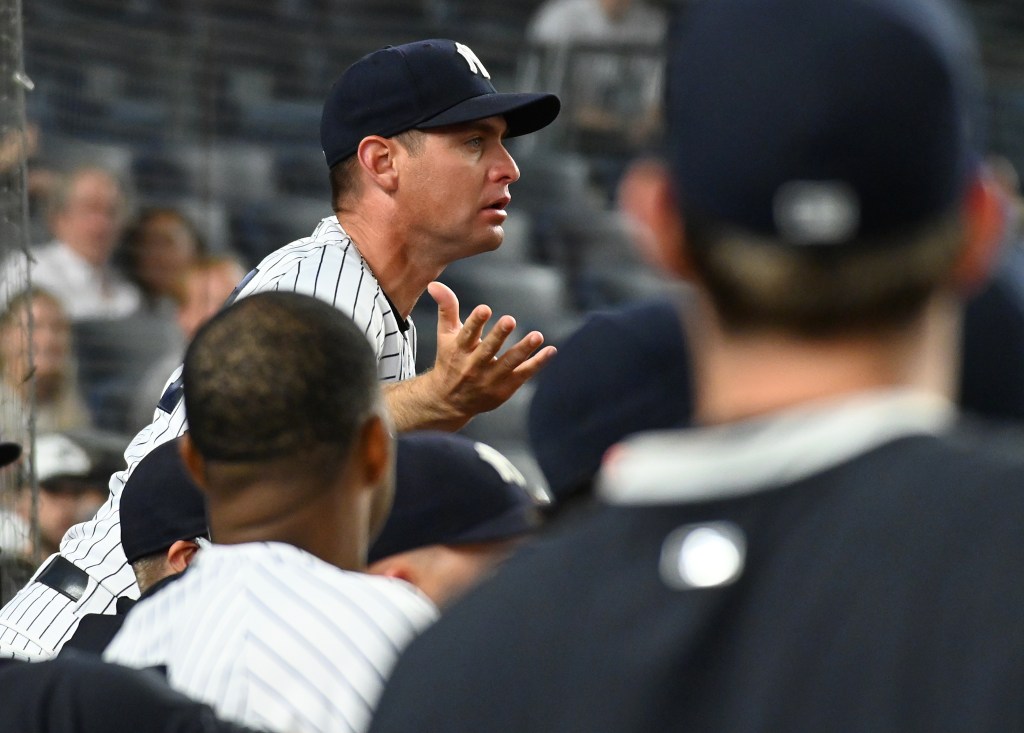 Yankees bench coach Carlos Mendoza #64 when the New York Yankees played the Boston Red Sox Sunday, June 6, 2021