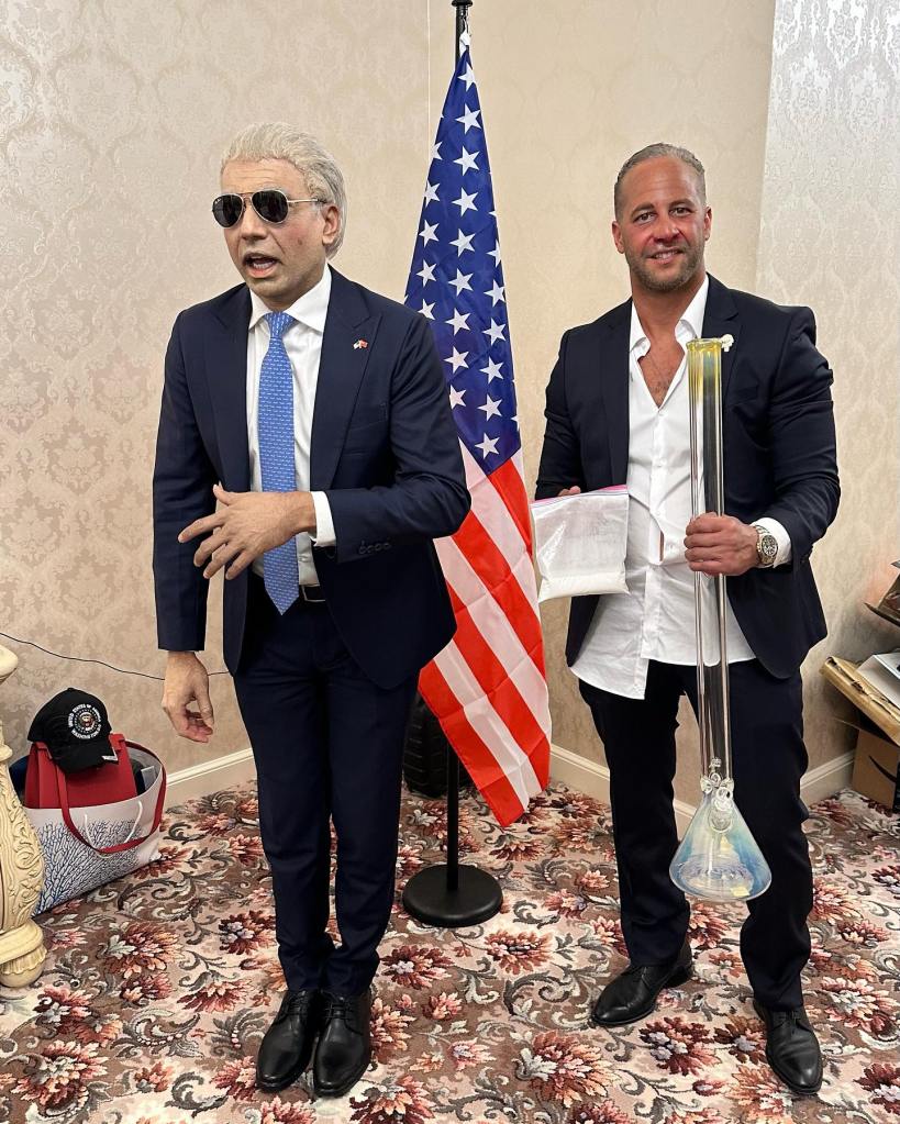 two of the invitees dressed up as Joe and Hunter Biden, with the "younger Biden" carrying a bag of a white substance and a large bong.