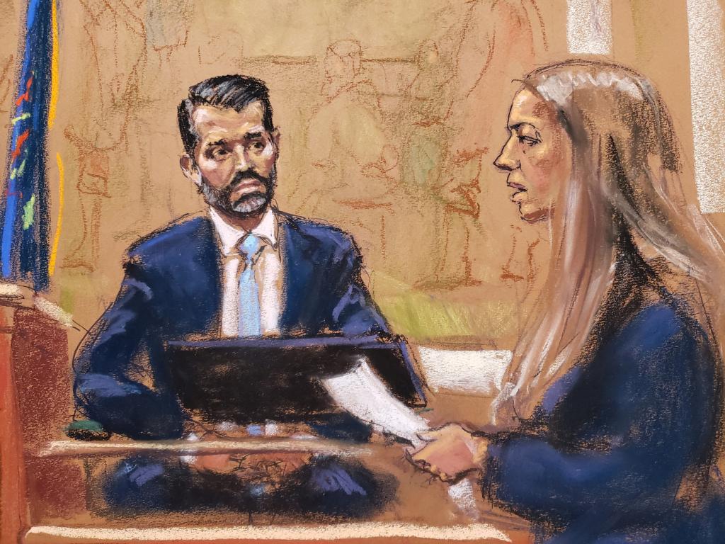 Court artist's sketch of Don Jr. in court on the witness stand.